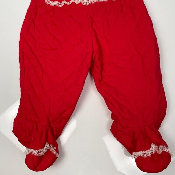 Vintage Red Christmas Quilted Infant footie Overalls with White Lace trim - Picture 3 of 10